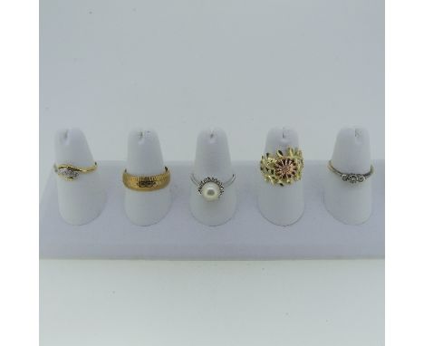 A 9ct yellow gold Band, Size Q, 5.1g, together with two very small three stone diamond rings, an 18ct white gold ring set sin