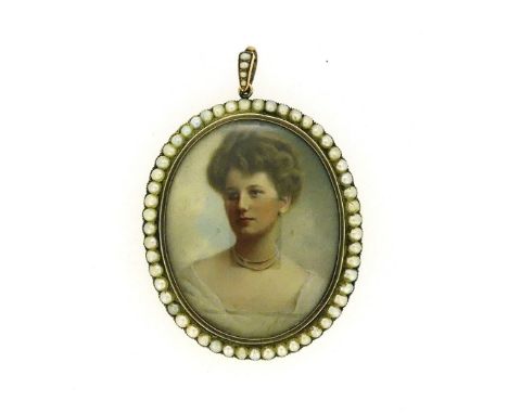 An oval Portrait Miniature on Ivory, of a young woman in a white dress with a pearl necklace, in an unmarked 19thC gold frame