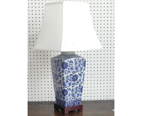 A modern Chinese blue and white Table Lamp, of square form, mounted on wooden plinth, with shade, H68cm, together with a tall