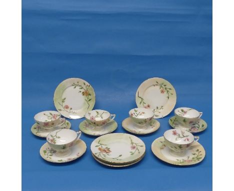 An early 20thC Rosenthal hand-painted Tea Service, comprising six Cups, six Saucers and five Plates, with factory marks and s