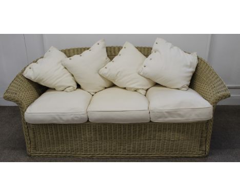 Rattan conservatory sofa with off-white fitted &amp; scatter cushions, 165cm w x 64cm h x 80cm d