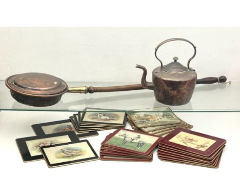A 19th century copper and brass bed warming pan and a 19th century copper kettle - together with a quantity of vintage place 