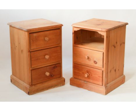 A pair of pine bedside cabinets - one with three drawers, the other an open shelf above two drawers. (LWH 41.5 x 39.5 x 63 cm