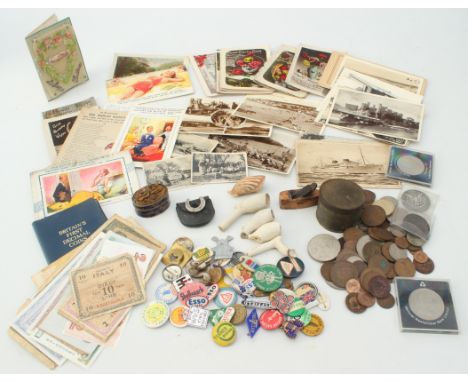 A collection of vintage badges, coins, banknotes and postcards - the badges (some enamel) dating from the 1950s-60s, includin