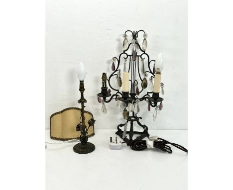 A bronzed metal three light table lamp &ndash; modern, in the 19th&nbsp;century French style, the scrollwork, lyre-form back 