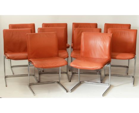 A set of ten vintage tan leather and chrome cantilever-style dining chairs, in the manner of Marcel Breuer - 1970s-80s, the u