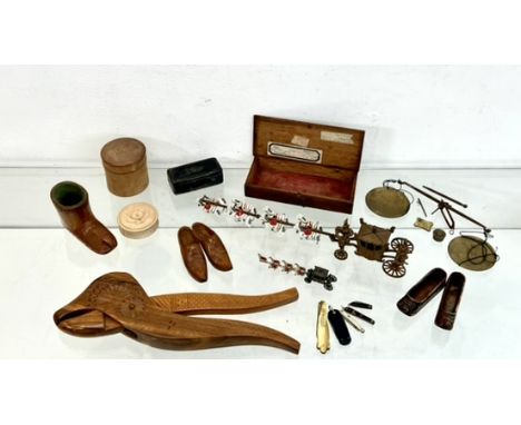 A small collection of treen and other collectables - including a pair of Chinese carved soapstone shoe shaped dishes, probabl