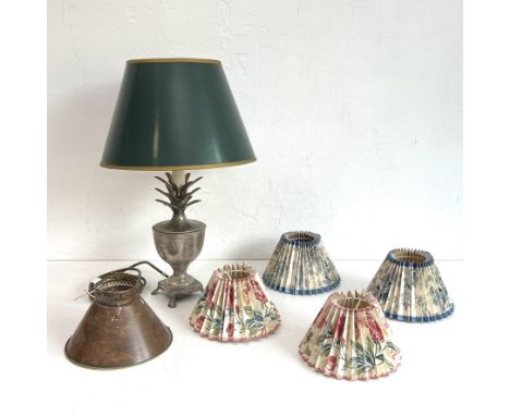 A 19th century style plated metal pineapple table lamp - with green and gilt card shade, 46.5cm high; together with two pairs