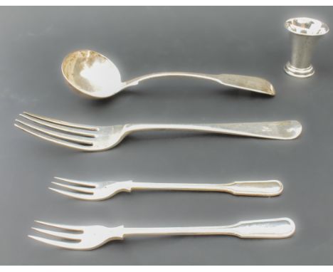 A small group of silver comprising: a Victorian fiddle pattern sauce ladle, Robert Williams & Sons, Exeter 1849;  a Victorian