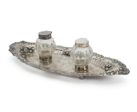 A late Victorian silver and cut glass ink stand - William Hutton &amp; Sons, Birmingham 1899, oval form with pierced rim and 