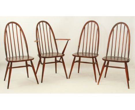 A set of four Ercol dark elm Quaker Windsor dining chairs &ndash; including one carver, with hooped stick backs and solid sea