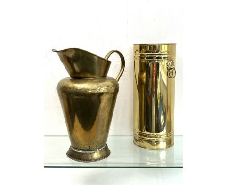 A modern 19th&nbsp;century style brass stick or umbrella stand &ndash; cylindrical with lion mask loose ring handles, 46.25cm