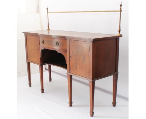 An Edwardian Regency-style break bowfront mahogany and satinwood crossbanded sideboard - with gilt-brass rail to the top, ove