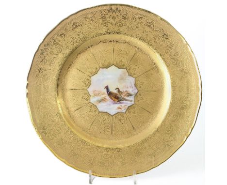 A Royal Worcester gilt and hand painted pheasants cabinet plate - the shaped, circular plate with richly gilded border and a 