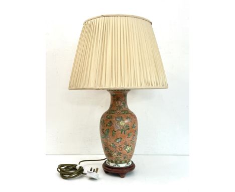 A Chinese porcelain famille rose vase table lamp - late 20th century, baluster form, painted with fruit, flowers and butterfl