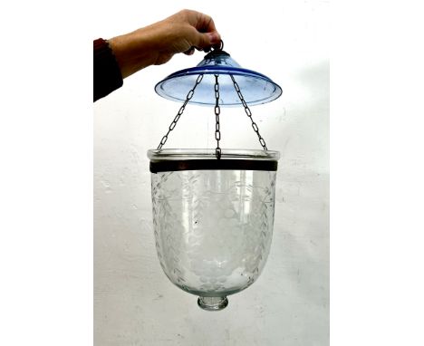 A 19th century style hundi blown glass and brass hanging storm lantern - the inverted bell-shaped bowl etched with berries an