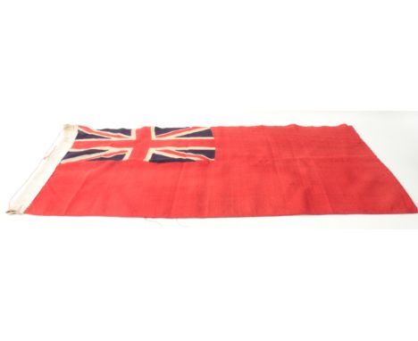 A vintage Red Duster or Red Ensign cotton flag - the white left hand border with handwritten lettering, 'BE 9/2', cotton, 45.