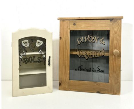 Two vintage style bathroom wall cabinets - one in pine with 'Savon de Marseille a l'Extrait de Son' gilt and black lettering 