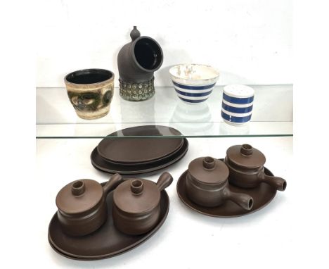A studio pottery Salt Pig by Pru Green of Alvingham Pottery - dark brown stoneware with treacle and turquoise glazed roundel 
