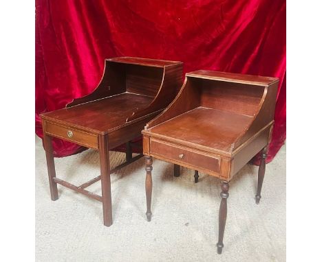 Two similar American style mahogany bedside tables - with a shallow upper shelf raised on curved supports over a rectangular 