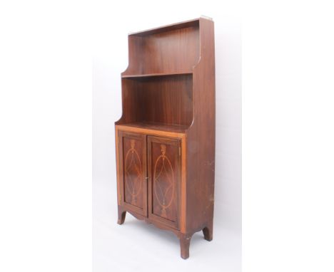 An Edwardian mahogany, satinwood and marquetry waterfall cupboard bookcase - the two-shelf upper section with brass three-qua