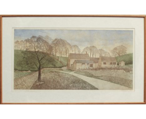 Joseph Winkelman (b.1941) ‘Windrush Valley Farm’ colour etching, signed, dated 1979 and inscribed lower margin, plain oak fra