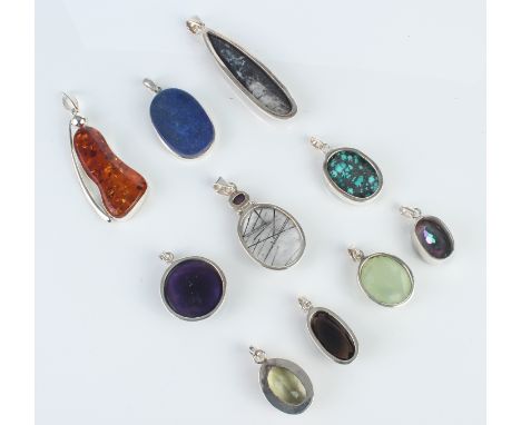 Ten mixed gemstone and fossil sterling large silver pendants - including examples with&nbsp;Baltic Amber; Orthoceras Fossil; 