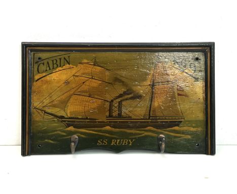 A reproduction painted wooden maritime coat rack &ndash; depicting the steam sail ship &lsquo;S.S. Ruby&rsquo;, inscribed &ls