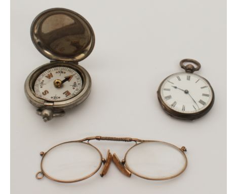 Three pieces: a  WW1 plated metal officer's pocket marching compass by Terrasse - with military issue broad arrow mark, dated