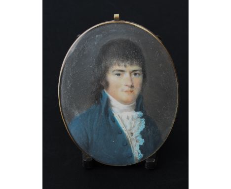 French School (18th century): a portrait miniature of a gentleman - painted on ivory, oval, wearing a blue coat and white lac