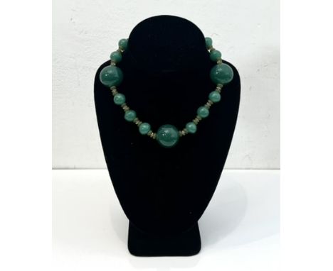 A vintage green jade-style hardstone, clear and green glass bead necklace - mid-20th century, with 9ct rose gold jump ring cl