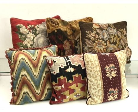 6 x piped cushions - 2 x traditional floral needlepoint, 1 x flamestitch (modern tapestry design to reverse), 1 x floral prin
