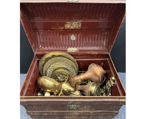 A large collection of brass and copper ware - including a large brass figure of an elephant, 37.5cm high; other Indian brass 