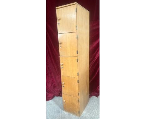 A vintage 1970s pale beech veneered tall cupboard or locker cabinet - with five doors, with five keys. (LWH 33 x 52 x 181cm)