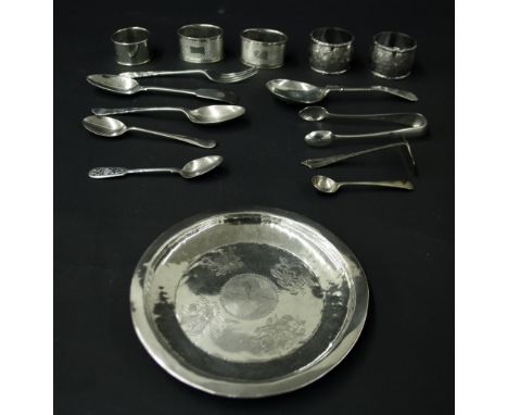 Mixed collection of silver flatware to include various spoons, nips etc; together with five silver napkins and an Eastern whi