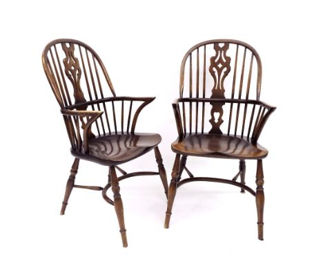 Good pair of antique style Windsor stick back carver chairs, with central pierced vertical splats and elm seats over crinolin