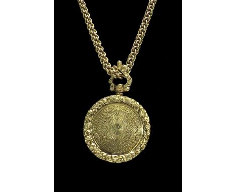 Antique yellow metal engine turned circular locket pendant on chain, 22.7gm, necklet 17" long, locket 23mm diameter