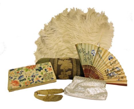 Mother of pearl and ostrich feather stick fan, 18" long (at fault); together with a lacquer and hand painted paper fan, embro