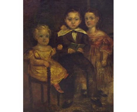 English School (early 19th century) - portrait of three children, the boy holding a book and wearing a brown coat, the girl w