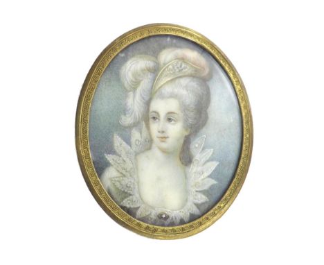 19th century school - oval portrait miniature of a lady wearing a feather plume headdress, on ivory, in a gilt mount, 74mm x 