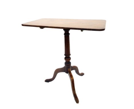 19th century mahogany and oak tripod table, the rectangular top upon a tapered column and three splayed legs, 29" long x 28" 