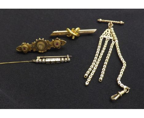 Two 15ct brooches, 6.6gm; diamond and ruby set brooch; also a gold chatelaine, 7.2gm (4)  