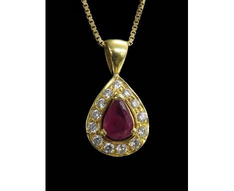 18k ruby and diamond pear shaped pendant on a slender 18k necklet, pendant 20mm x 11mm, 4.9gm