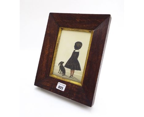English School - silhouette portrait of a girl holding a dog on a lead, watercolour with gilt highlights, 6.5" x 4.5", framed