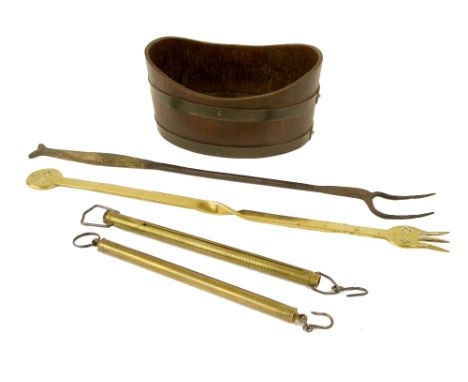 Brass bound oak jardiniere pot of small proportions, 9.5" long; together with two antique toasting forks and a pair of gold j