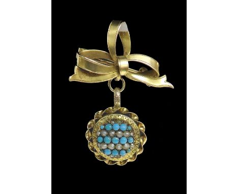 Victorian turquoise and seed pearl bow brooch, circular cluster drop with a glazed reverse, 5.3gm, 30mm wide  