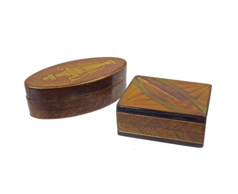 Attractive 19th century fruitwood, boxwood and ebony inlaid snuff box, 2.5" long; together with a further oval snuff box inla