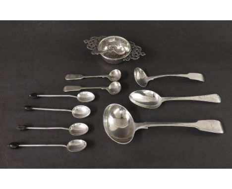 Mixed collection of various silver to include sauce ladle, preserve ladle, teaspoon, Art Deco coffee bean spoons and mustard 