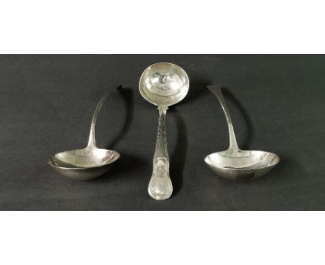 Pair of George III silver sauce ladles, maker WS, London 1796, 7" long; together with a further George III Kings pattern sauc