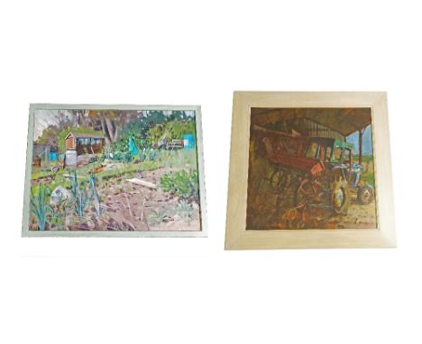Nick Lyons (20th/21st century contemporary) - 'The Russell Drill', an old tractor and farming equipment within an old barn, i